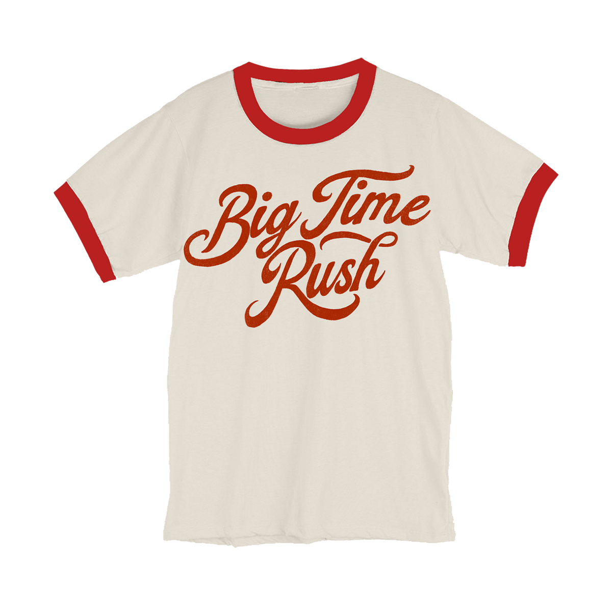 Ringer style ivory T-shirt with 'Big Time Rush' graphic design and red trim.