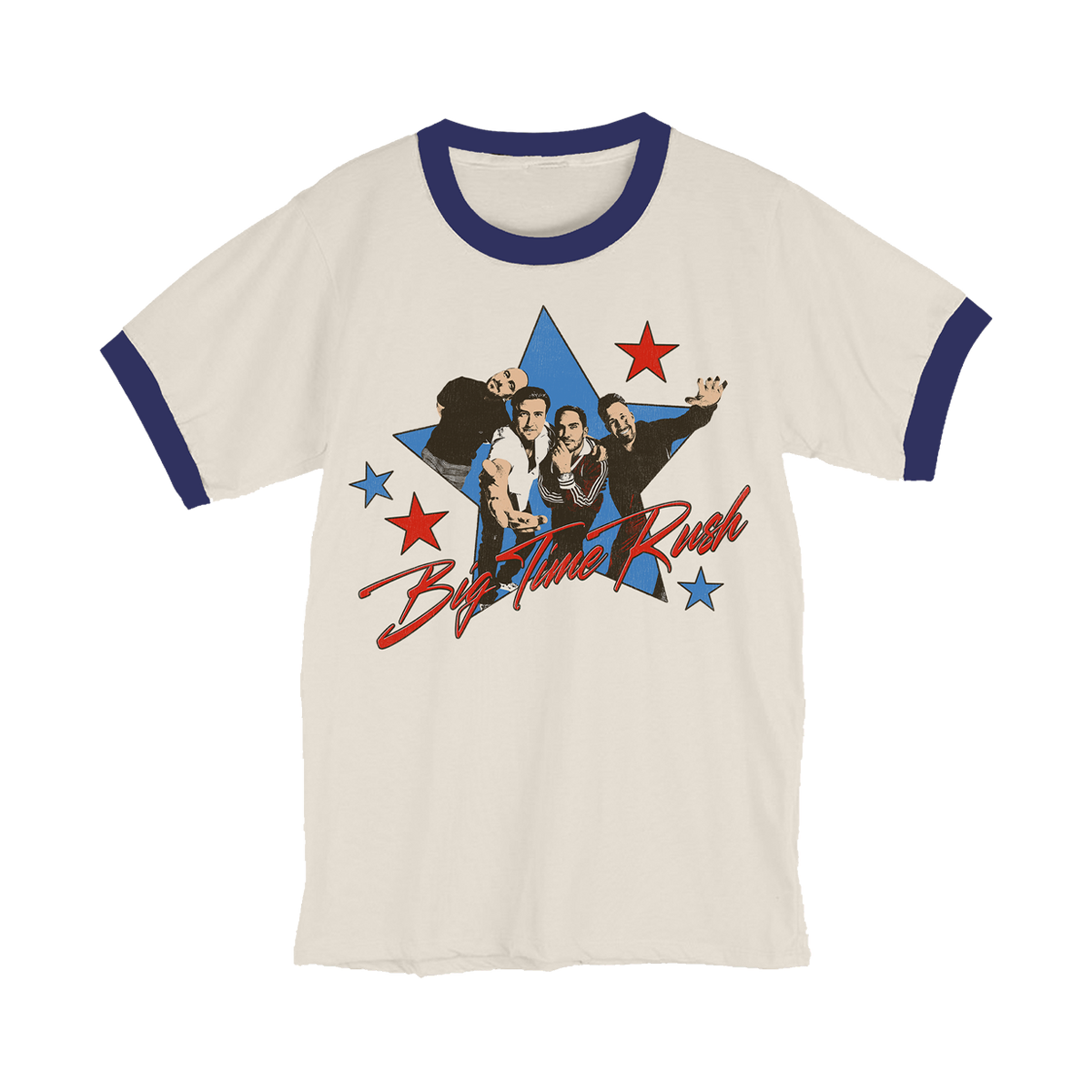 Ringer style ivory T-shirt with 'Big Time Rush' graphic design and blue trim.